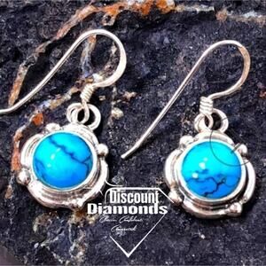 Round Turquoise French Hook Drop Earrings on 925 Silver - Women's